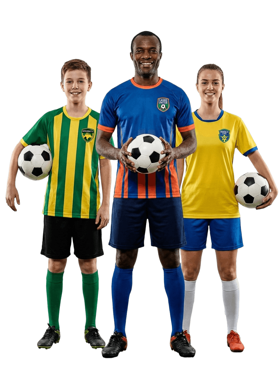Time de várzea, criança, homem e mulher com camisa vermelha e bola